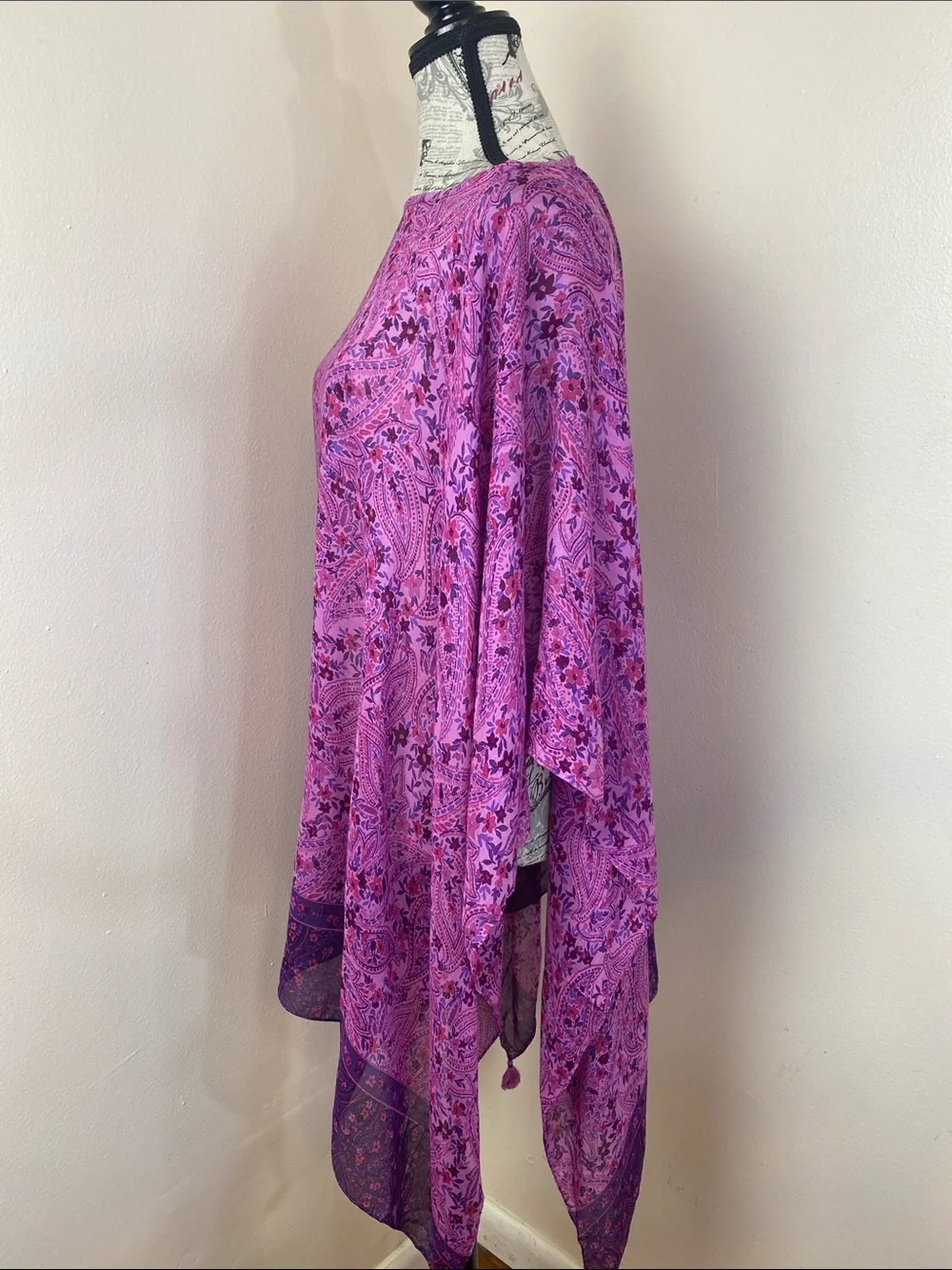 J. Jill XL-3X Pink Paisley Kimono Poncho Cover-Up | Boho Tassel hem
